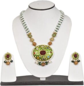 Saga Green Meena Navratna Pendant Traditional Alloy Jewel Set