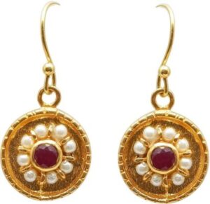 The V Collection A1E-934 Yellow Gold Pearl , Ruby Brass Dangle Earring
